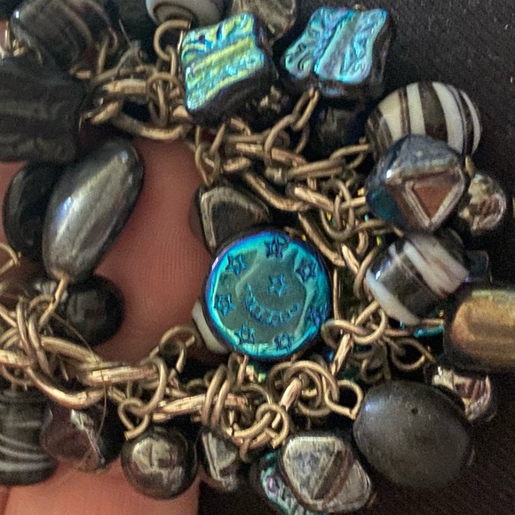 Black Blue Glass Beaded Bracelet Large Chunky Kinetic Statement iridescent charm - Picture 4 of 10